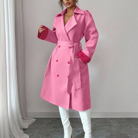 Pink Chic Women's Double breasted Midi trench Overcoat - Picture 5 of 8